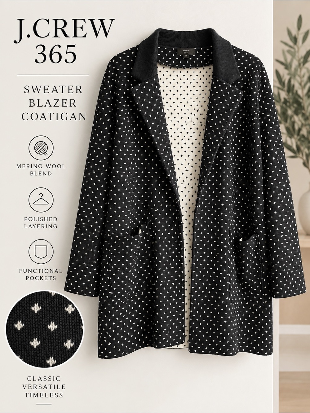 J. Crew 365 XL Black Ivory Merino Wool Blend Sweater Blazer Cardigan Coatigan